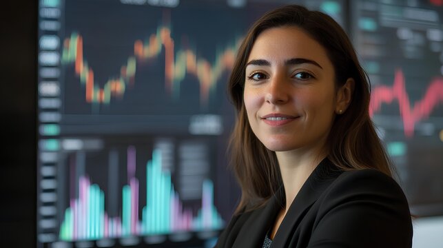 Confident Trader: A composed financial professional, stands confidently, framed by complex market data displays, ready to take on the day's financial challenges. 