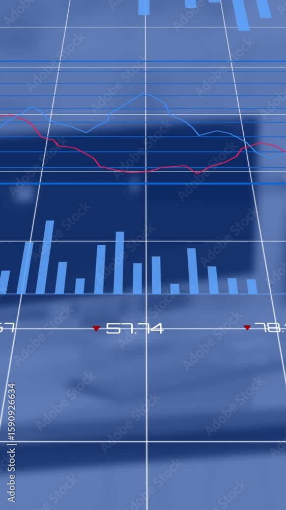 Poster animation of multiple graphs with changing numbers over unoccupied chair, book and desktop on desk