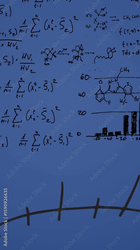 Poster animation of mathematical data processing over blue background