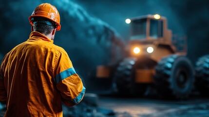 Worker in Safety Gear Overseeing Heavy Machinery Operation at Night