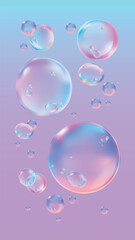 Set of transparent water droplets. Water droplets with reflections. Clear, round droplets. Water droplets isolated on white background. Soap bubble element vector set.