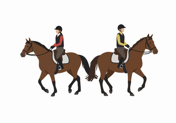 Equestrian Sport Illustration with Two Riders on Brown Horses Facing Opposite Directions