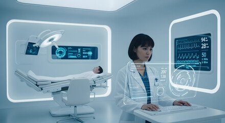 Futuristic Hospital Doctor Using Advanced Technology.