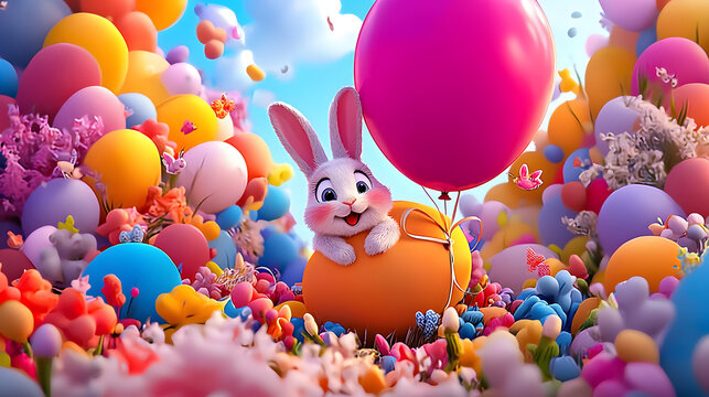Pastel Bunny Balloon Scenes A playful bunny in a colorful flower garden. Floating Kawaii Animal Art Cute Bunny Sky Wallpapers
