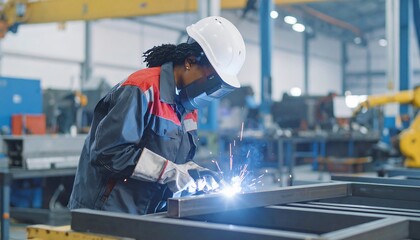 Female welder works in factory.