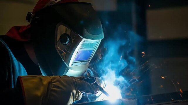 Welding helmet close-up lit by vivid sparks and blue-orange glow, capturing intensity and reflection in a sharp, cinematic welding environment.