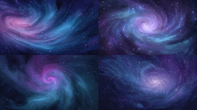 Four panels of swirling, vibrant galaxies.  Vast, colorful nebulae with spiral patterns and scattered stars in deep space.  Dark blues, purples, and pinks dominate