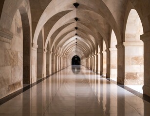Obraz premium Long, arched hallway of light beige stone