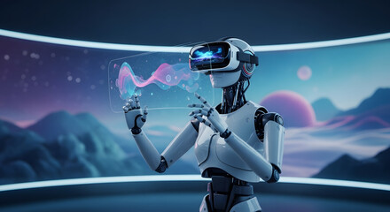 Futuristic Robot in Virtual Reality World.