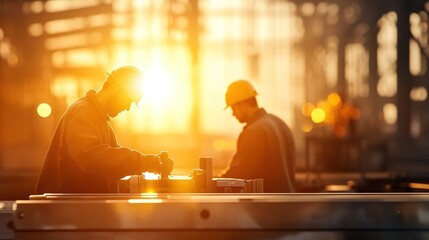 Workers in Hard Hats Constructing Industrial Project at Sunset