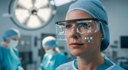 Futuristic Surgeon with AR Glasses in Operating Room.