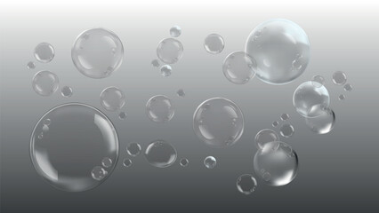 Set of transparent water droplets. Water droplets with reflections. Clear, round droplets. Water droplets isolated on white background. Soap bubble element vector set.