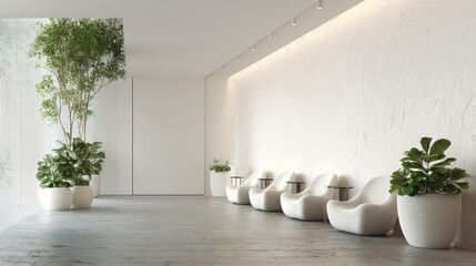 Contemporary building hallway with serene white tones, art gallery-style blank wall, modern chairs spaced evenly, greenery in designer pots, peaceful and premium feel