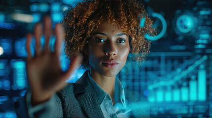 Focused woman using hand gestures to control holographic business analytics, dressed in formal suit, surrounded by high-tech office environment with glowing blue tones