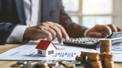 A middle-aged man hunched over bills, calculator in hand—crunching mortgage numbers, tallying credit card dues. Furrowed brows meet scribbled notes, as monthly burdens weigh on his mind, balancing inc