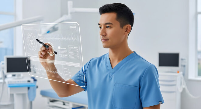 Male Doctor Using Futuristic Medical Interface.