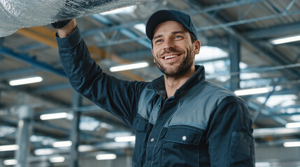 Happy HVAC expert in uniform installing air conditioning ducts on metal ceiling frame, spacious warehouse interior with exposed beams and skylights in background