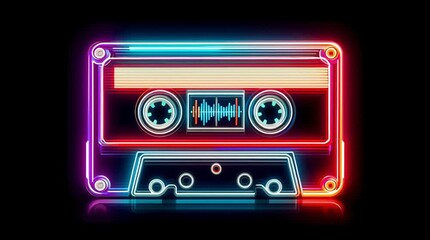 neon colored cassette tape with a red and blue stripe. The tape is glowing and he is from the 1980s