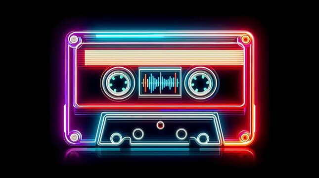 neon colored cassette tape with a red and blue stripe. The tape is glowing and he is from the 1980s