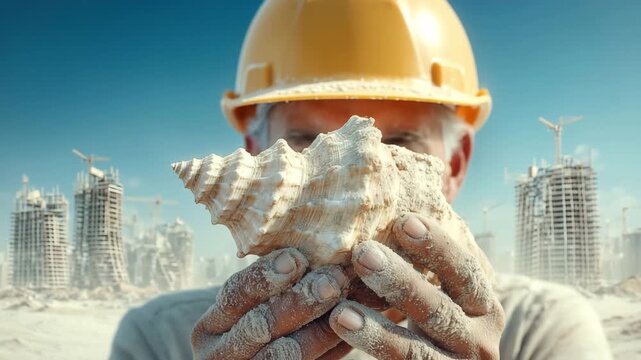 Architects explore a surreal landscape, blending construction with nature, holding a seashell against a backdrop of cranes and dust. A quest for innovation and inspiration. 