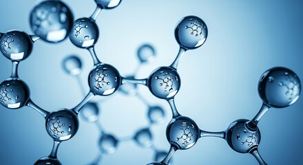 Detailed close-up of a molecule structure on a light blue background,  featuring water-like spheres and reflecting structures, creating a scientific aesthetic