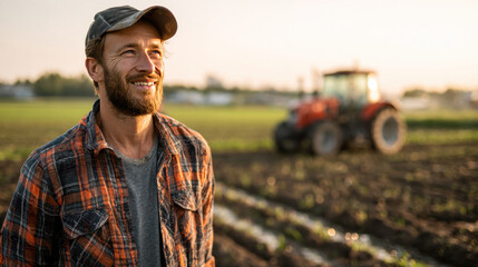 Happy young man in work clothes standing on fertile land, sunlight illuminating his face, modern red tractor slightly blurred in the background, positive energy in rural setting