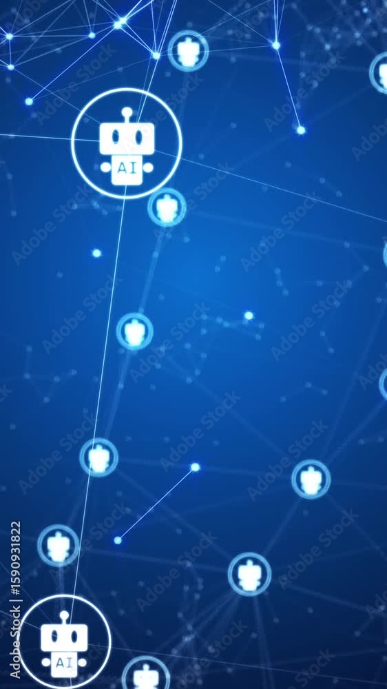 Poster Animation of dots and robot icons connecting with lines and moving on abstract background