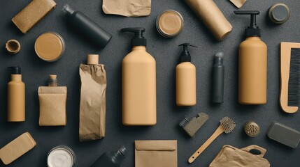 Assorted containers and bottles of neutral tones on a dark surface.