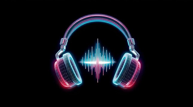 pair of headphones with a blue and red design. The headphones are surrounded by a wave of sound, which gives the impression of music. The headphones are designed to be worn over the ears