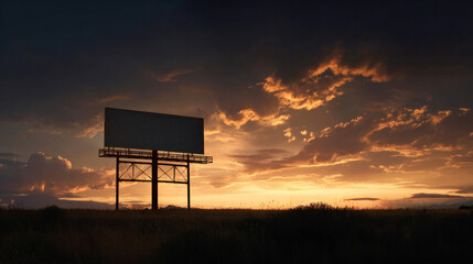 High-contrast shot of empty billboard silhouetted against glowing clouds at sunrise, expansive field and low vegetation below, strong visual for bold messaging