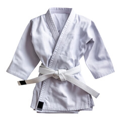 White judo gi uniform for karate sport. Folded traditional martial art clothing with belt symbolizes pure discipline