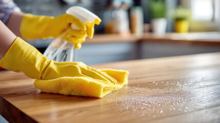 High-detail image of cleaner wiping wooden countertop with microfiber cloth, yellow gloves gripping spray bottle, droplets glistening on surface, minimal kitchen background