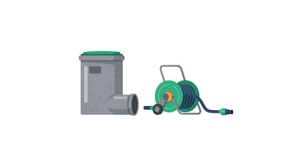 Storm Drain and Garden Hose Flat Art Isolated on White Background