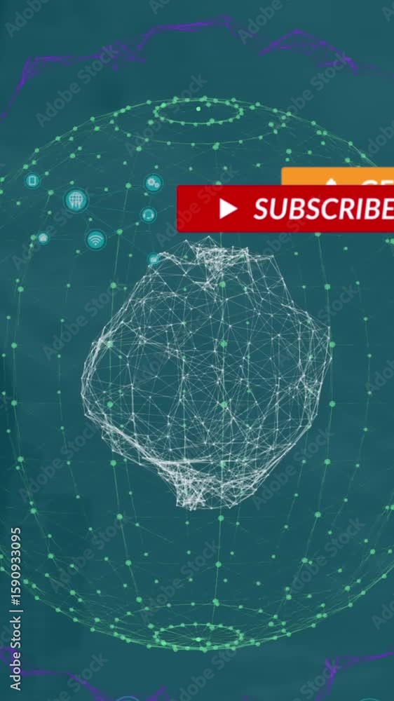 Poster animation of notification bars and dots forming globes over low angle view of modern buildings