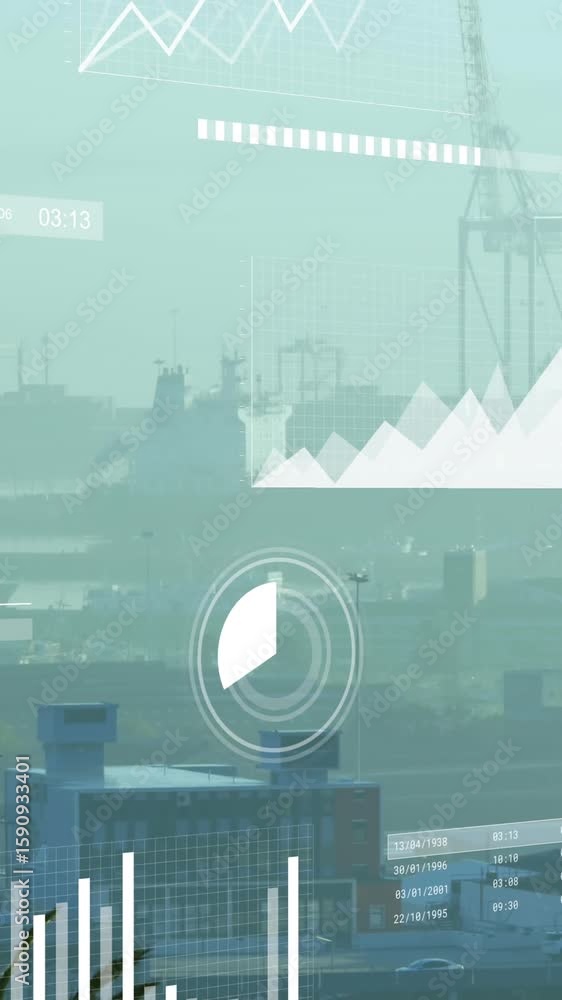 Aufkleber animation of multiple graphs, loading bars and circles over modern buildings against sky