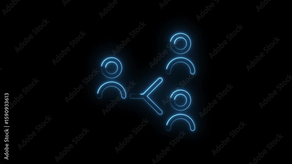 Poster glowing blue neon icon representing team collaboration network connection and communication flow on 