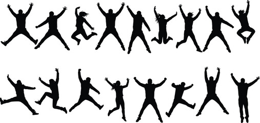 Silhouettes of people jumping in celebration and movement, cad drawing flat vector illustration, energetic group, fun activity, dynamic pose layout