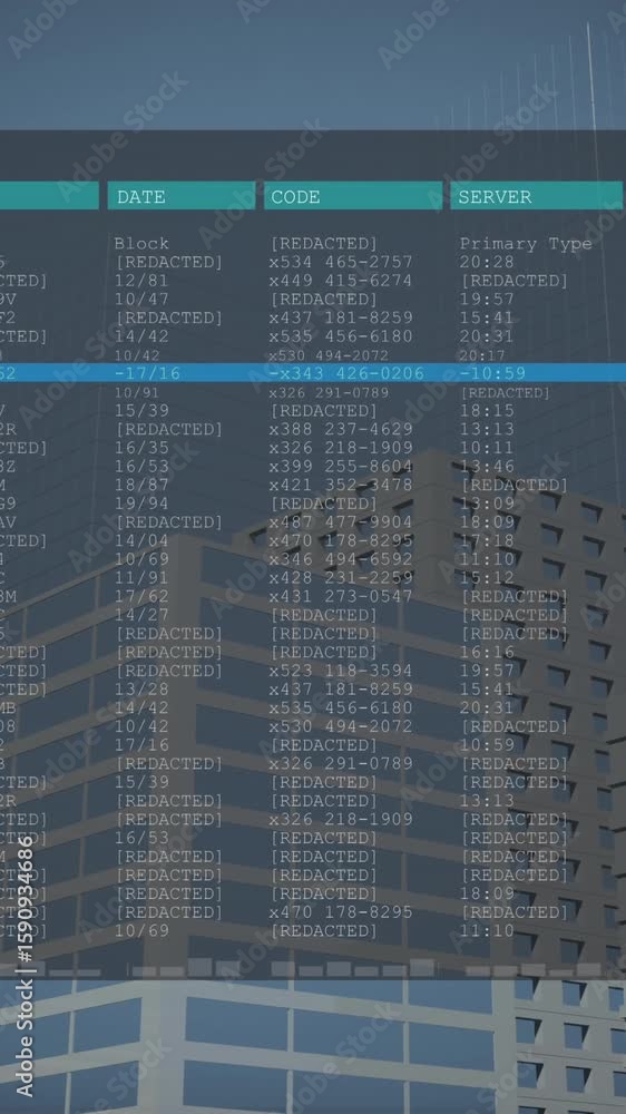 Poster animation of numbers and letter in computer interface over modern buildings against sky