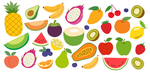 Set of summer fruits illustration background. Collection of different tropical fruits.