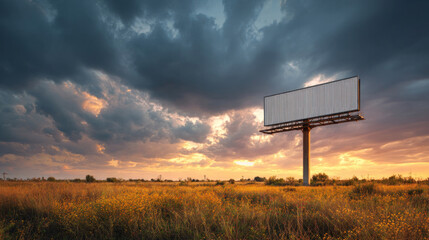 Majestic blank billboard rising above open countryside, dramatic clouds stretching across vibrant sunset sky, golden fields below, perfect space for advertisement message