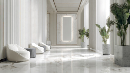 Luxurious corridor with white marble flooring, minimal waiting area with designer seats, vertical wall panel left empty for signage or branding, bright indoor plant accents