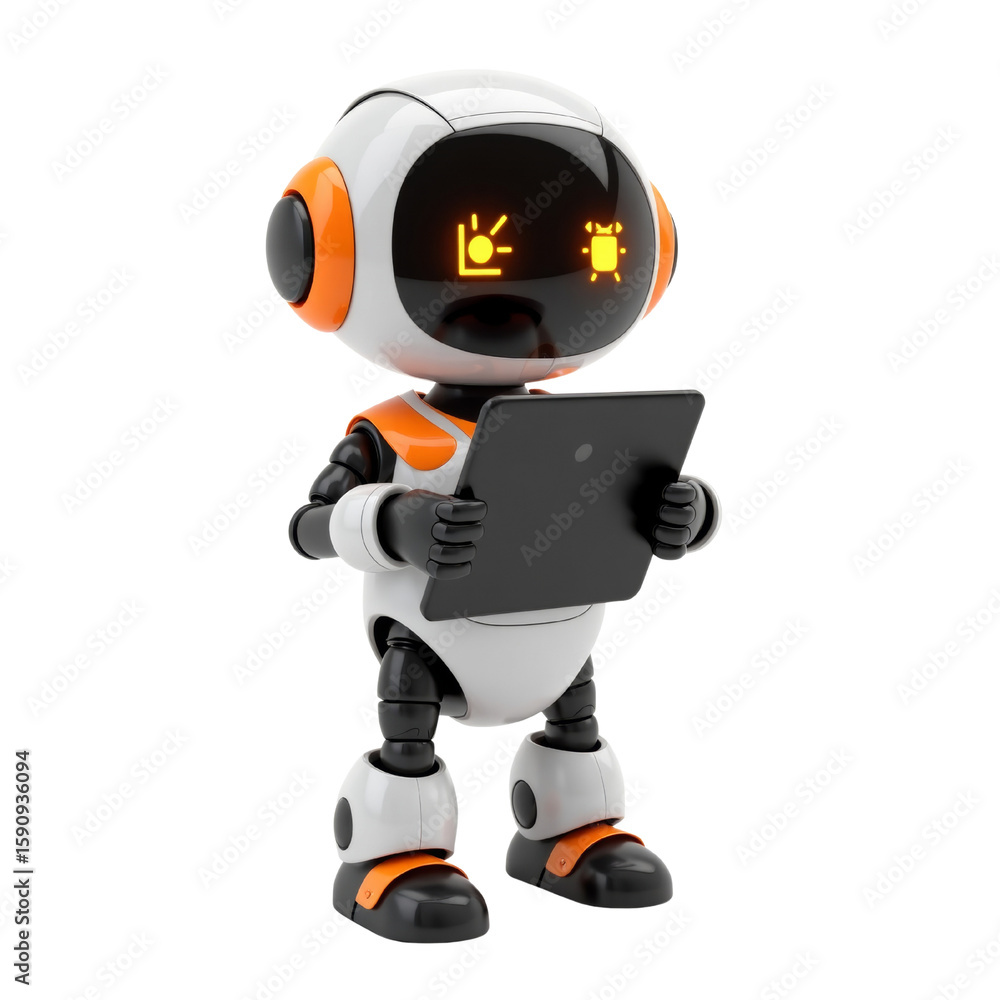 Poster futuristic robotic assistant interacts with digital interface on a clean space