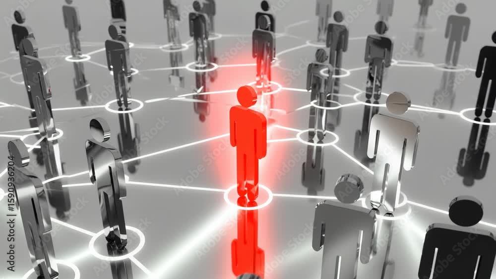 Poster visualizing complex connections highlights the central node among diverse silhouettes, using vibrant