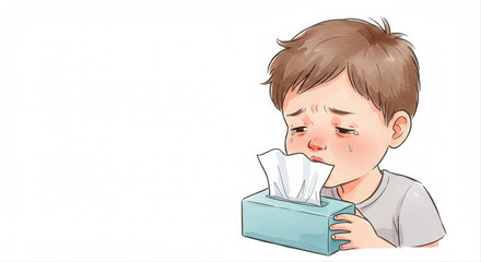 child coughing with tissue box. Young boy feeling unwell while holding a tissue box at home  