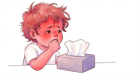 Young child looking sad while holding a tissue box at home. child coughing with tissue box  