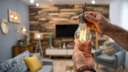 Mid-shot of man installing energy-efficient bulb, casual contemporary living room in background, wooden accent panels and neutral furniture set the scene, focus on eco lighting task
