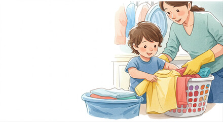 child folding laundry with parent. Mother and child doing laundry together in a bright indoor space  