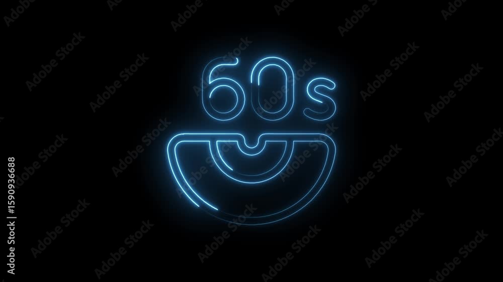 Poster glowing blue neon 60 seconds timer icon with circular progress indicator on black background futuris