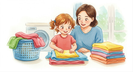 Mother and daughter folding laundry together at home with smiles. child folding laundry with parent  