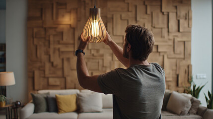 Mid-shot of man installing energy-efficient bulb, casual contemporary living room in background, wooden accent panels and neutral furniture set the scene, focus on eco lighting task